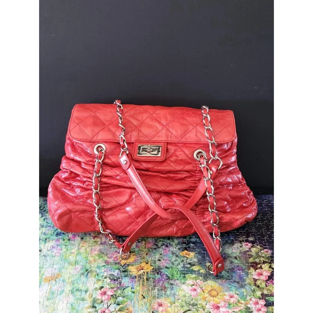 Red Quilted Stitched Fold Over Shoulder Bag Silver Hardware Double Handled Purse